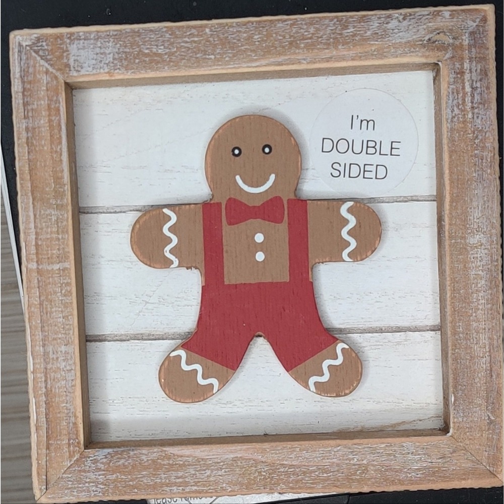 Gingerbread Man Wooden Tabletop Decor Sign Tiered Tray Coffee On Reverse Side